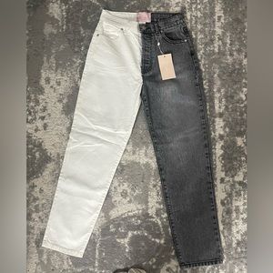 Revive denim jeans, half white, half washed black/grey, size 28